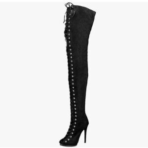YDN Women Peep Toe Thigh High Heel Boots Stiletto Lace-up Suede Winter Shoes